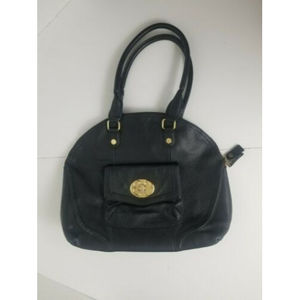 Emma Fox Tote Purse Large Black Leather Kiss-lock gold yellow lining